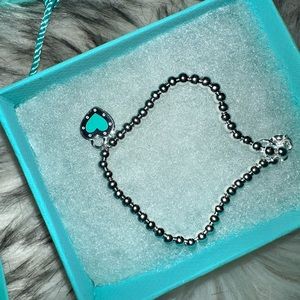 Tiffany & Co Silver Return LOVE Blue Enamel Mini Heart Tag Bead Ball Bracelet